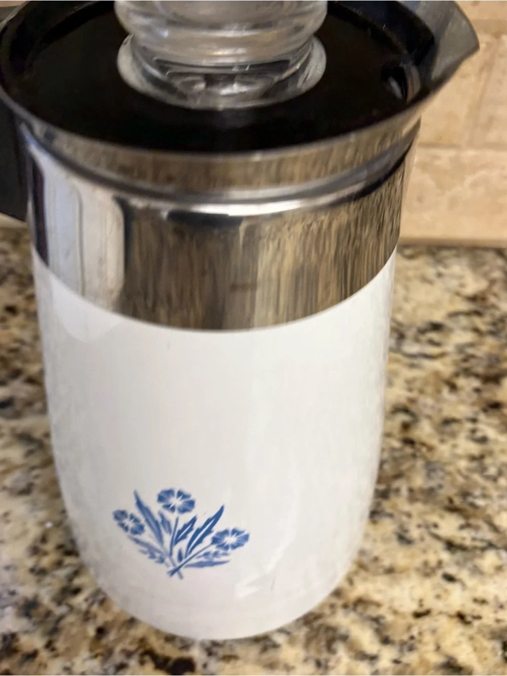 Corningware White Coffee Percolator with Blue Floral Motif and Black Handle
